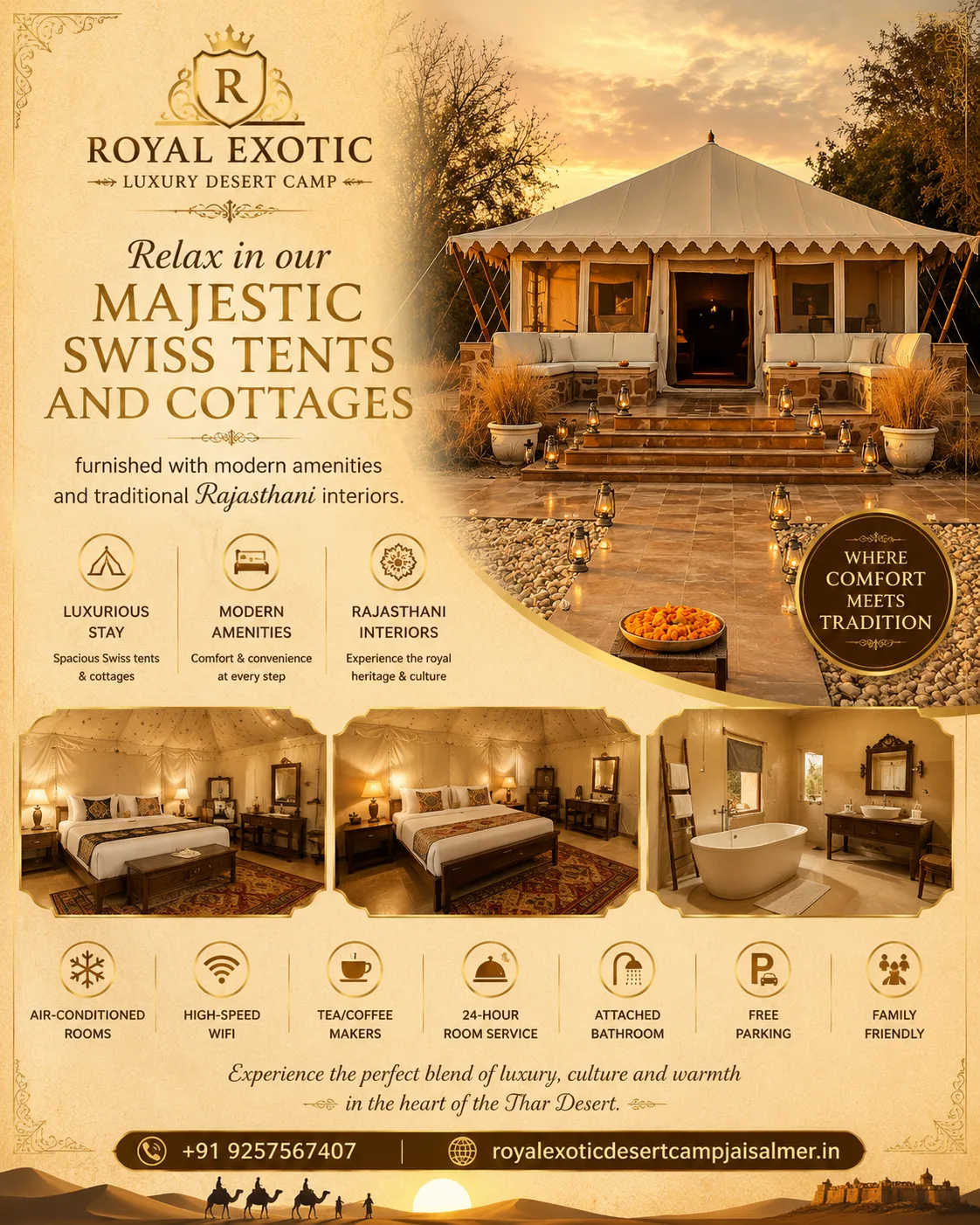 Luxury Desert Camp Jaisalmer, Royal Exotic Desert Camp Jaisalmer, Best Desert Camp in Jaisalmer, Sam Sand Dunes Desert Camp, Luxury Swiss Tent Jaisalmer, Desert Camp Rajasthan