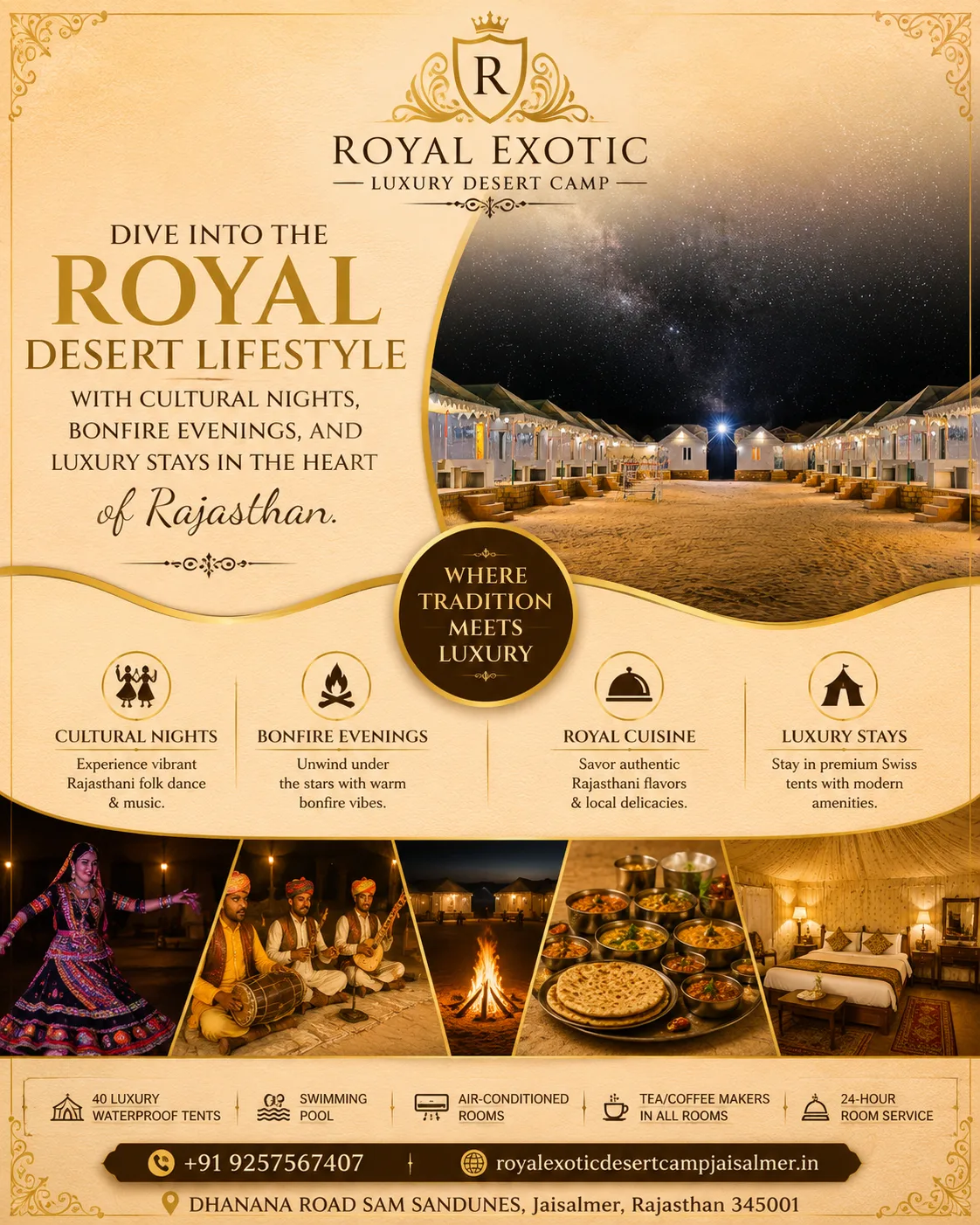 Luxury Desert Camp Jaisalmer, Royal Exotic Desert Camp Jaisalmer, Best Desert Camp in Jaisalmer, Sam Sand Dunes Desert Camp, Luxury Swiss Tent Jaisalmer, Desert Camp Rajasthan