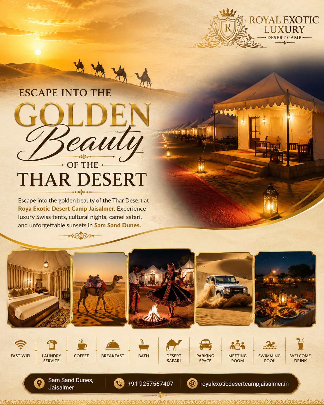 Luxury Desert Camp Jaisalmer, Royal Exotic Desert Camp Jaisalmer, Best Desert Camp in Jaisalmer, Sam Sand Dunes Desert Camp, Luxury Swiss Tent Jaisalmer, Desert Camp Rajasthan