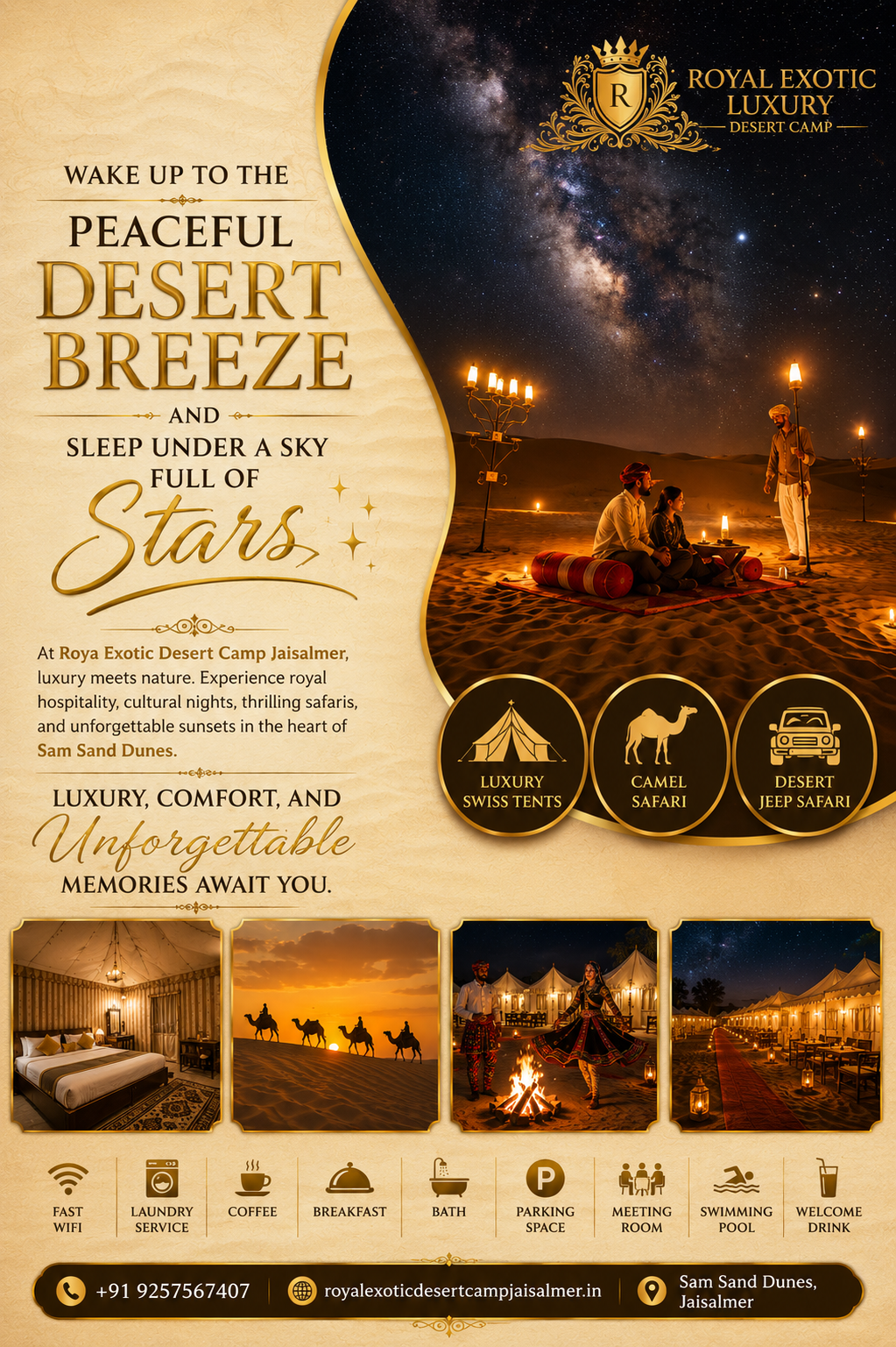 Luxury Desert Camp Jaisalmer, Royal Exotic Desert Camp Jaisalmer, Best Desert Camp in Jaisalmer, Sam Sand Dunes Desert Camp, Luxury Swiss Tent Jaisalmer, Desert Camp Rajasthan