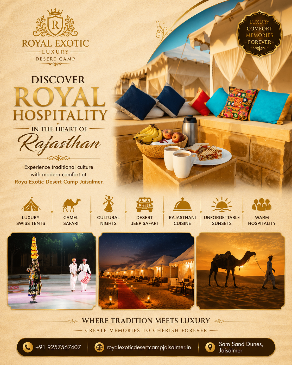 Luxury Desert Camp Jaisalmer, Royal Exotic Desert Camp Jaisalmer, Best Desert Camp in Jaisalmer, Sam Sand Dunes Desert Camp, Luxury Swiss Tent Jaisalmer, Desert Camp Rajasthan