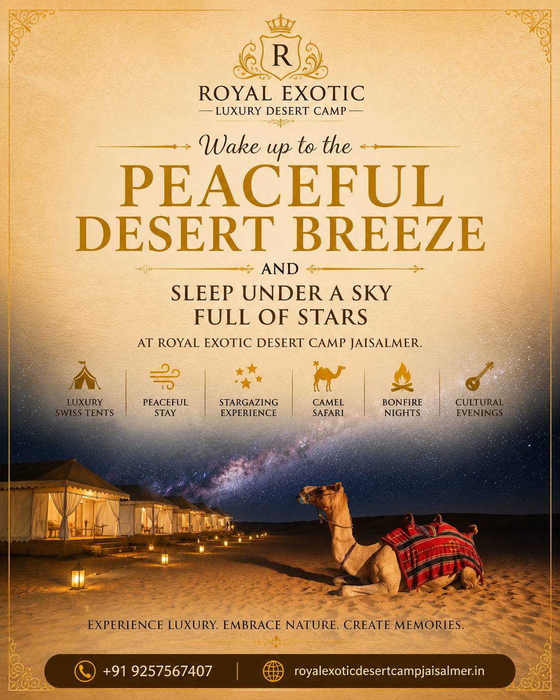 Camel resting under a star-filled sky at Royal Exotic Desert Camp Jaisalmer, showcasing luxury desert camping and stargazing in Sam Sand Dunes.