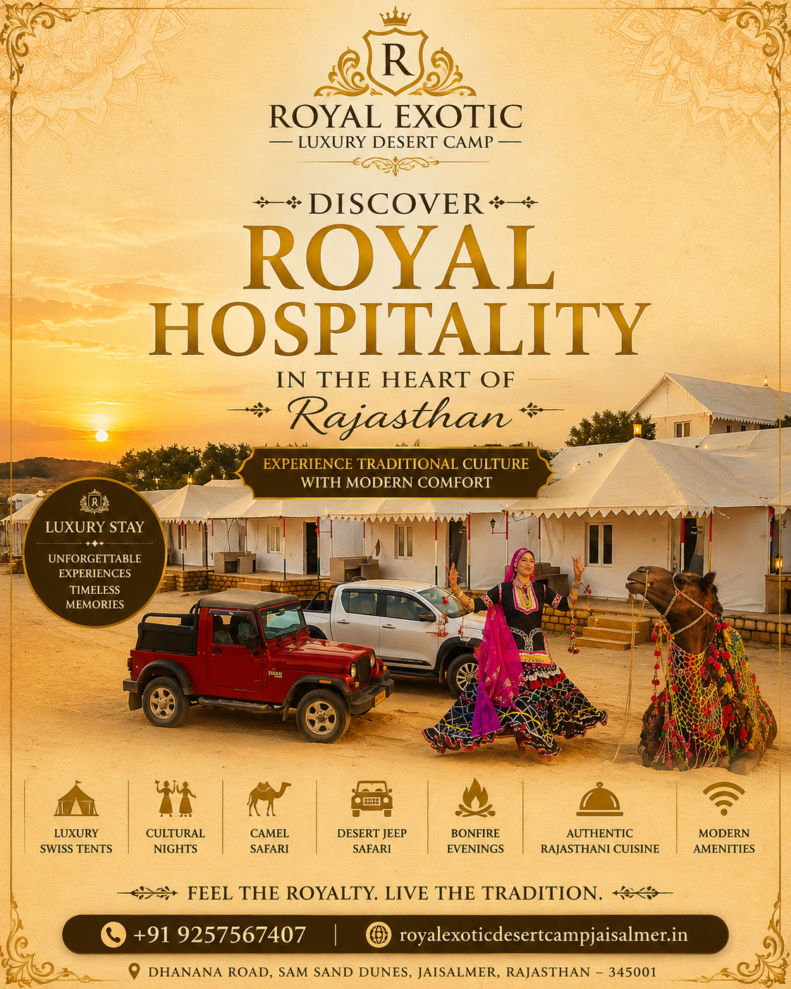 Royal Exotic Desert Camp Jaisalmer showcasing luxury Swiss tents, traditional Rajasthani cultural performance, and premium desert hospitality at Sam Sand Dunes.