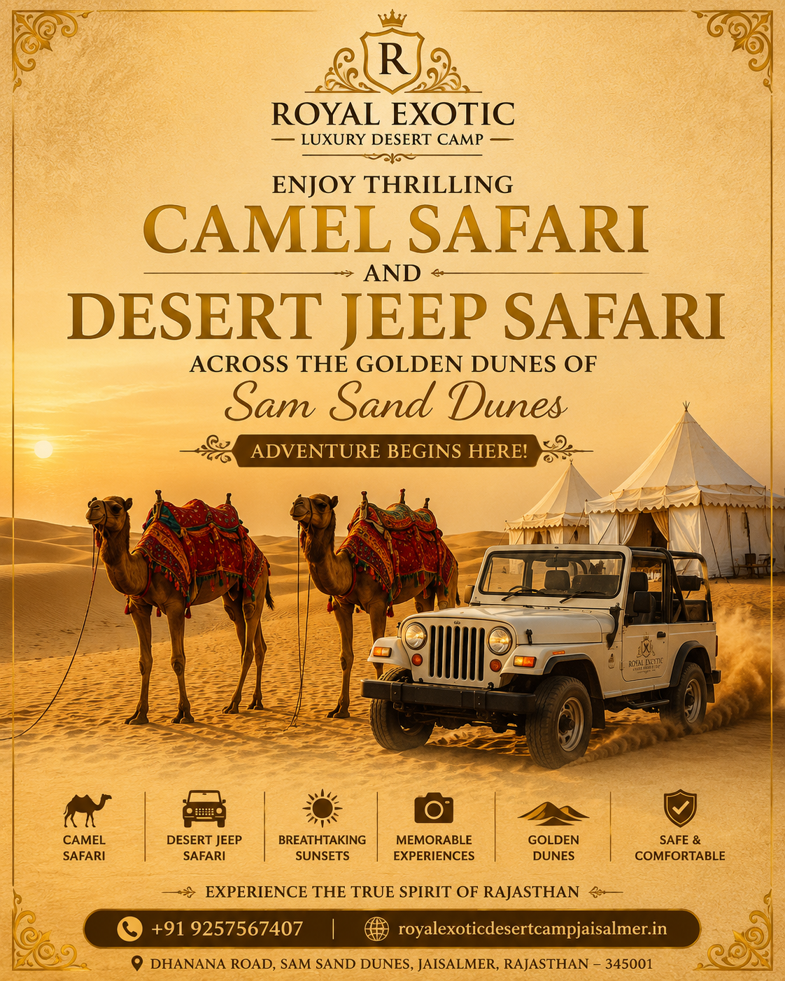 Camel Safari at Royal Exotic Desert Camp Jaisalmer with luxury tents and golden sand dunes at Sam Sand Dunes.